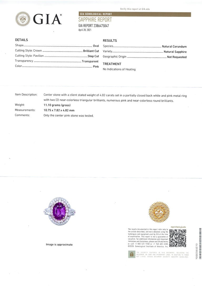 SJ6135 - GIA Certified Unheated 4 Cts Pink Sapphire with Diamond Ring in 18Kt White Gold