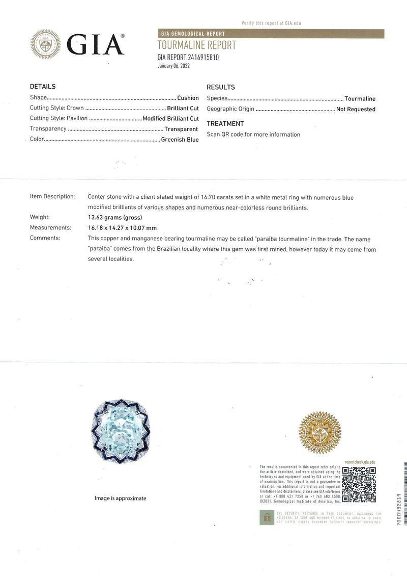 SJ2528 - GIA Certified Paraiba Tourmaline, Blue Sapphire, Diamond Ring in 18K White Gold