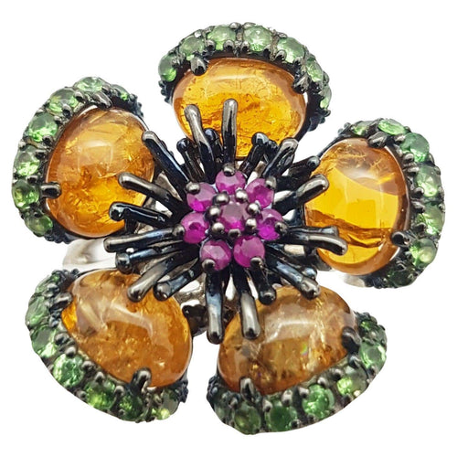SJ3216 - Tourmaline, Tsavorite and Ruby Ring set in Silver Settings