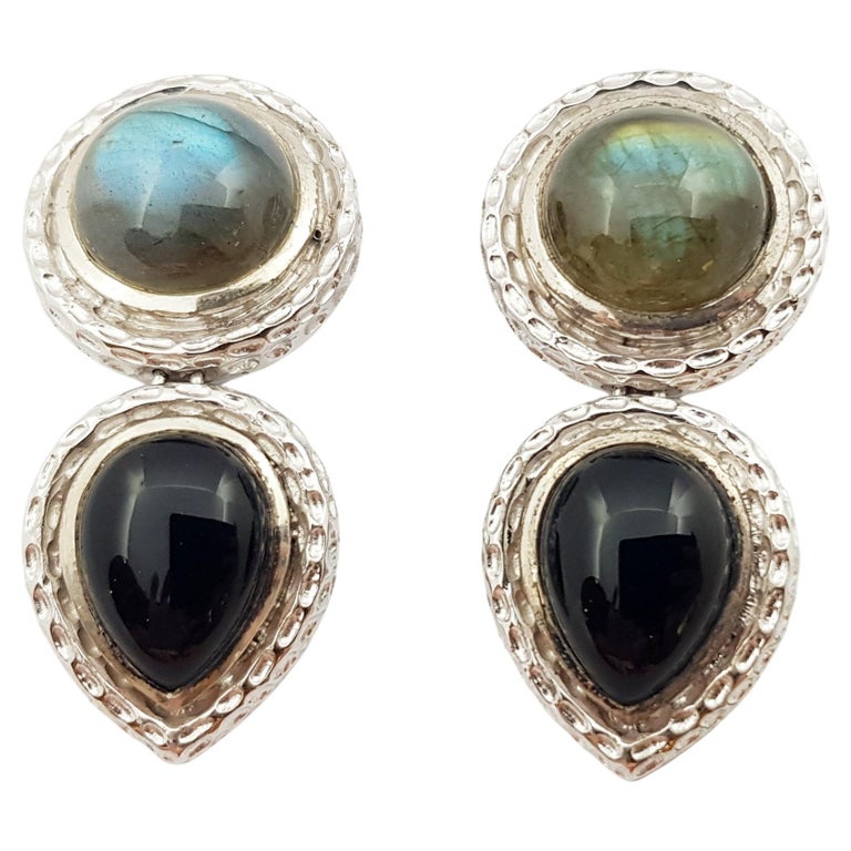 SJ6405 - Labradorite and Onyx Earrings set in Silver Settings