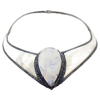 SJ3143 - Mother of Pearl, Moonstone and Blue Sapphire Necklace set in Silver Settings