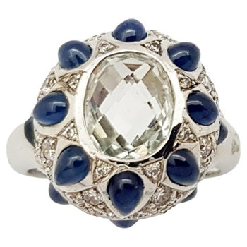 SJ3083 - White Topaz, Cabochon Blue Sapphire with Cubic Zirconia Ring in Silver Settings