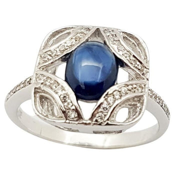 SJ3083 - Cabochon Blue Sapphire with Cubic Zirconia Ring set in Silver Settings