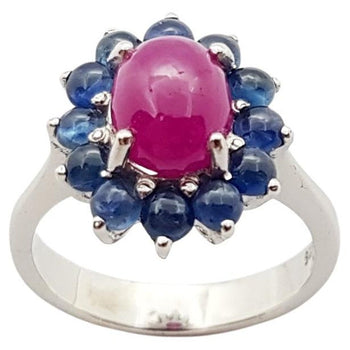 SJ3024 - Cabochon Ruby with Cabochon Blue Sapphire Ring set in Silver Settings